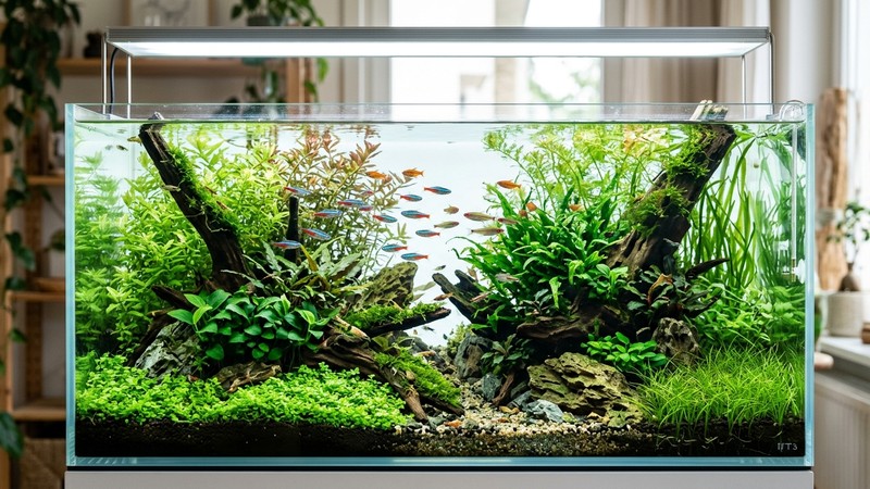 una vista general de un acuario plantado sano y equilibrado, plantas verdes frondosas, peces pequeños entre ellas, troncos y piedras limpios, agua transparente y luminosa