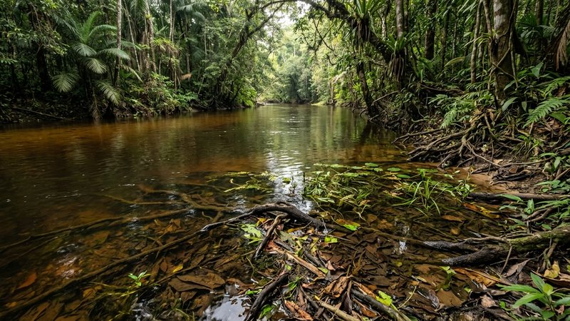 un tramo de río amazónico de aguas tranquilas y ligeramente oscuras teñidas de té, con raíces sumergidas, hojarasca en el fondo y vegetación acuática, luz suave filtrándose entre la vegetación
