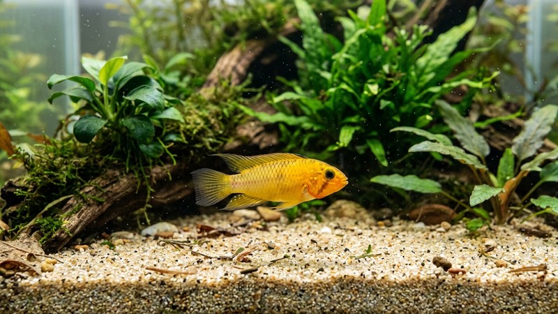 una hembra de cíclido enano de cuerpo pequeño encendido en amarillo intenso, nadando cerca del sustrato arenoso de un acuario plantado con agua clara