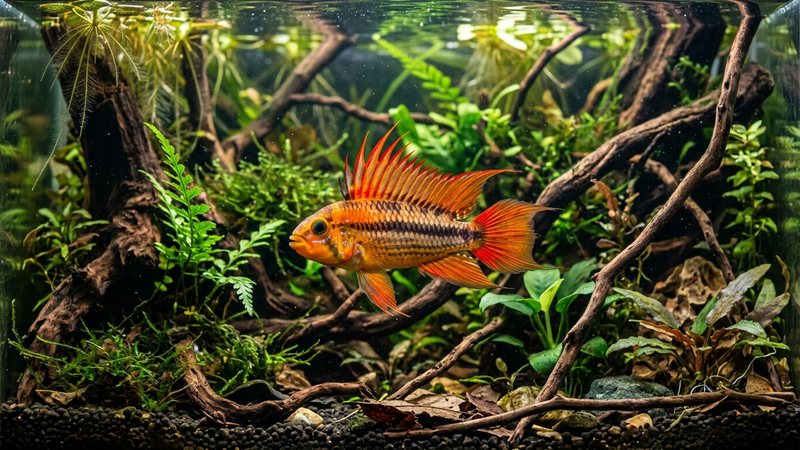 un Apistogramma cacatuoides macho con la aleta dorsal levantada como una cresta, colores anaranjados y bordes rojos, entre raíces y plantas de un acuario plantado