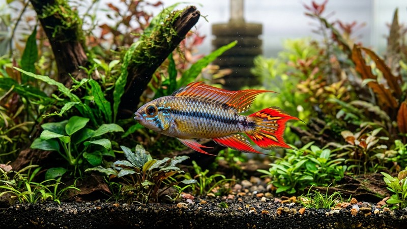 un cíclido enano macho con marcados bordes rojos en las aletas, cuerpo alargado y brillante, en primer plano dentro de un acuario plantado de agua cristalina