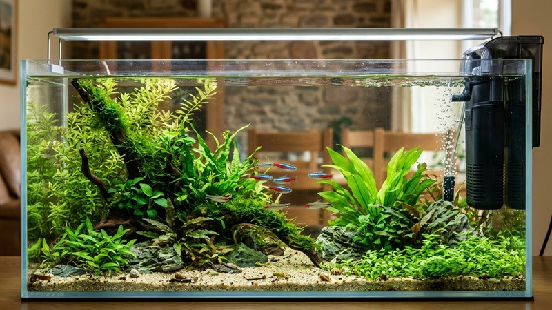 un acuario plantado tropical de aguas cálidas y cristalinas con un filtro de flujo suave apoyado en un extremo, plantas verdes ondulando levemente y ambiente sereno