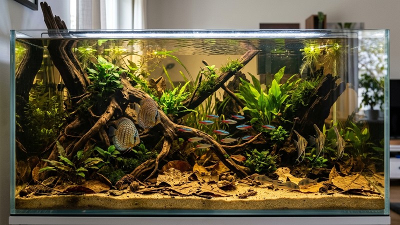 un acuario biotopo amazónico con sustrato de arena fina, raíces de madera, hojas secas de catappa en el fondo y agua ligeramente ambarina, muy limpia y bien plantada