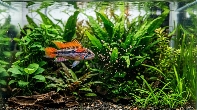 pequeños crustáceos rojizos tipo artemia y dafnia suspendidos en el agua limpia de un acuario mientras un cíclido enano colorido se acerca a alimentarse, plantas verdes de fondo