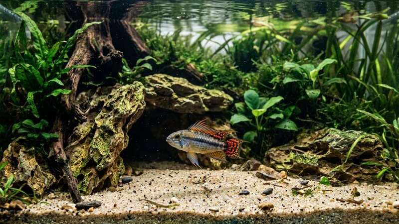 un cíclido enano recorriendo el fondo de arena de un acuario plantado, junto a la entrada de una cueva de roca y raíces, explorando su territorio