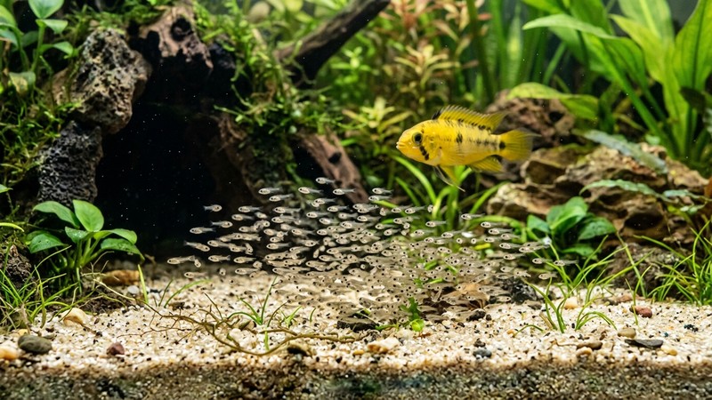 un pequeño enjambre de alevines diminutos nadando muy juntos sobre la arena de un acuario plantado, cerca de una cueva, con una hembra amarilla vigilándolos de fondo