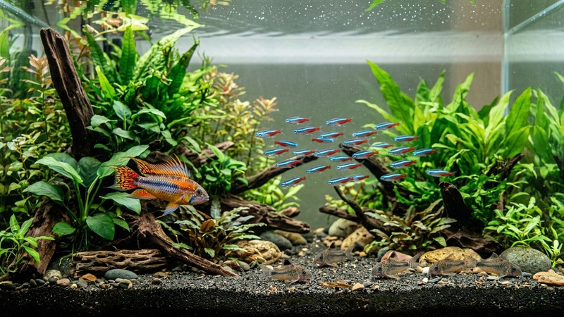 un acuario comunitario plantado con un cardumen de tetras neón en media agua, corydoras en el fondo y un Apistogramma colorido en primer plano, agua cristalina