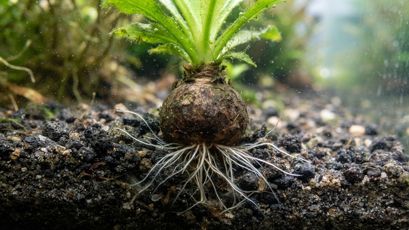 un bulbo redondo de planta acuática medio enterrado en el sustrato de un acuario, con finas raíces claras asomando hacia la grava, en primer plano detallado