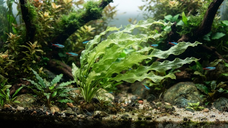 un Aponogeton crispus con hojas onduladas de color verde ondeando suavemente con la corriente en un acuario de agua cristalina