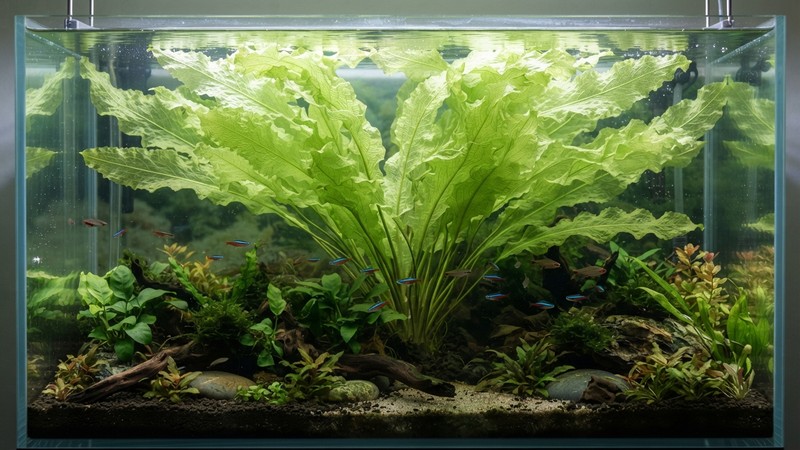 un Aponogeton ulvaceus grande de hojas anchas, onduladas y de verde claro translúcido que dejan pasar la luz, formando una copa amplia al fondo de un acuario plantado