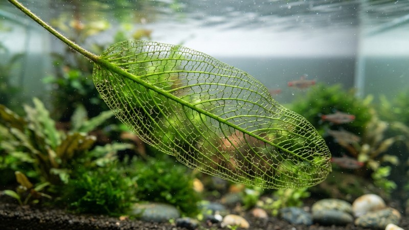 una hoja de Aponogeton madagascariensis mostrando su característica estructura calada en forma de malla o encaje verde, primer plano nítido bajo el agua clara