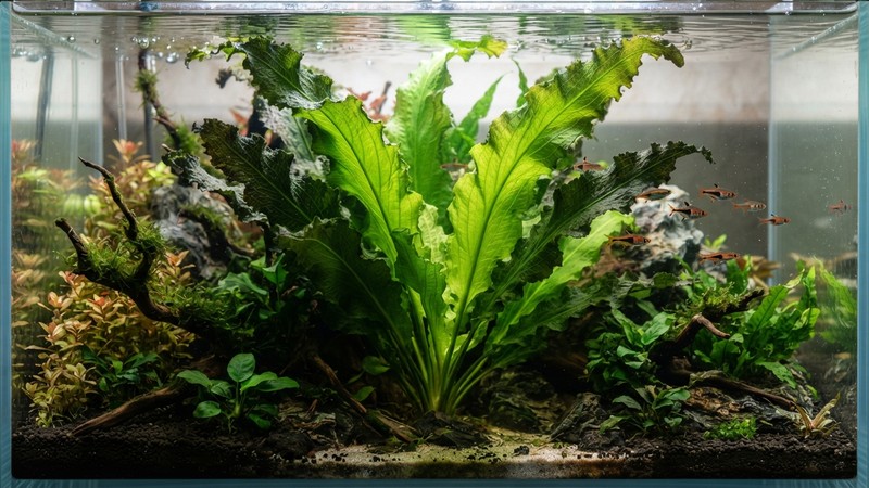 un Aponogeton longiplumulosus con hojas onduladas de gran tamaño, verde oscuro en los bordes y verde brillante en el centro, como protagonista de un acuario plantado