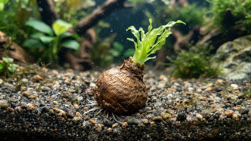 un bulbo de planta acuática apoyado y medio enterrado en grava fina, con la mitad superior asomando fuera del sustrato, detalle cercano del suelo del acuario