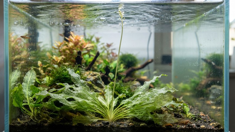 una delgada vara floral de Aponogeton que asciende desde la base de la planta hacia la superficie del agua en un acuario cristalino
