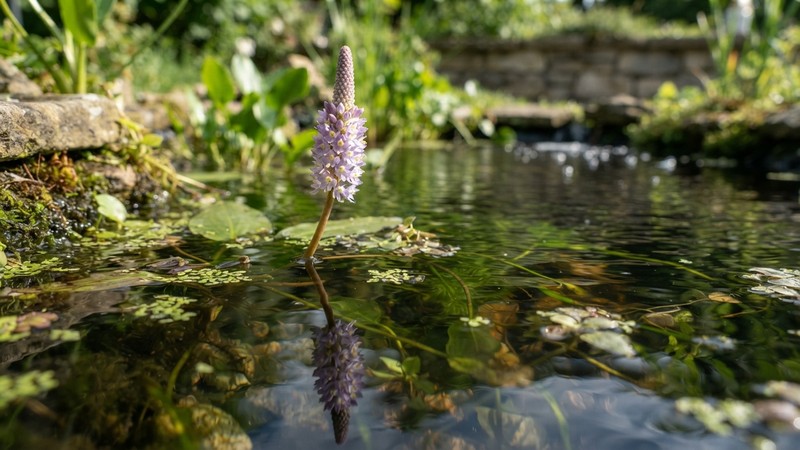 una flor de Aponogeton emergida por encima de la superficie del agua de un acuario, con tonos entre morado y blanco, al aire libre sobre el reflejo del agua