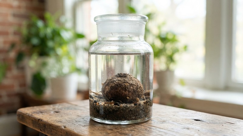 un bulbo de Aponogeton en reposo, sin hojas, conservado dentro de un recipiente de vidrio con agua fresca y un poco de sustrato, en un ambiente templado y luminoso