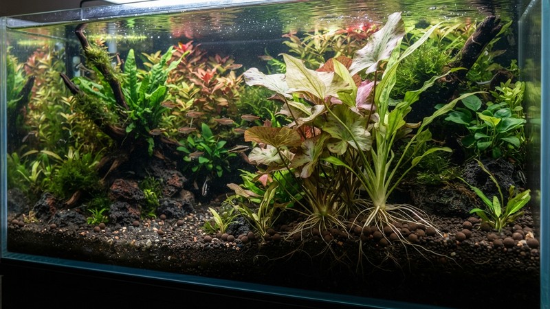 un acuario plantado con iluminación media, con sustrato nutritivo oscuro y pequeñas bolitas de abono junto a las raíces de las plantas de bulbo