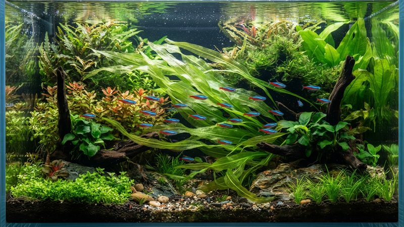 un acuario plantado y sano con pequeños peces tetra nadando tranquilos entre las largas hojas onduladas de un Aponogeton, agua cristalina y colores vivos