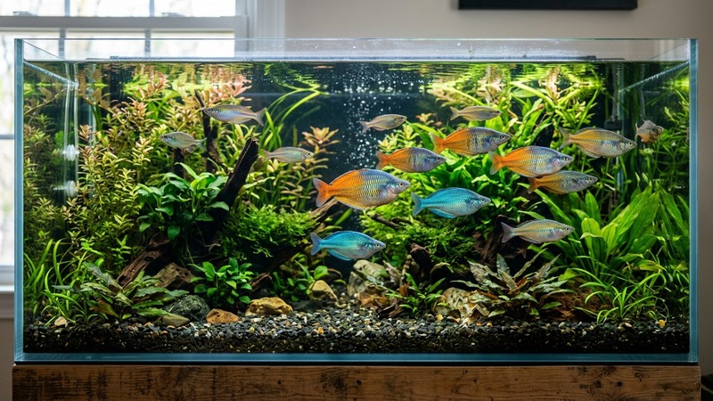 varios peces arcoíris de reflejos metálicos multicolor en un acuario grande y alargado muy plantado, agua cristalina