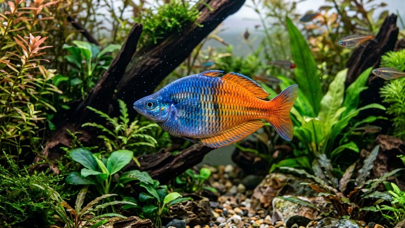 un pez arcoíris macho adulto de cuerpo alto y colores metálicos intensos azul y naranja tornasolados en un acuario plantado bien iluminado