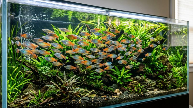 un cardumen de peces arcoíris nadando enérgicos de lado a lado en un acuario largo y luminoso lleno de plantas verdes