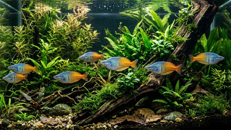 peces arcoíris de colores metálicos entre densa vegetación acuática sumergida y madera en un acuario plantado