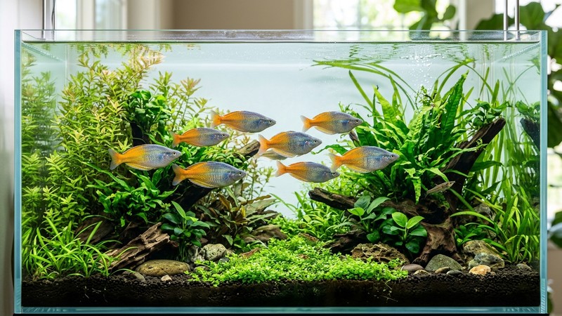 un acuario plantado de agua cristalina y bien oxigenada con peces arcoíris tornasolados nadando entre plantas verdes