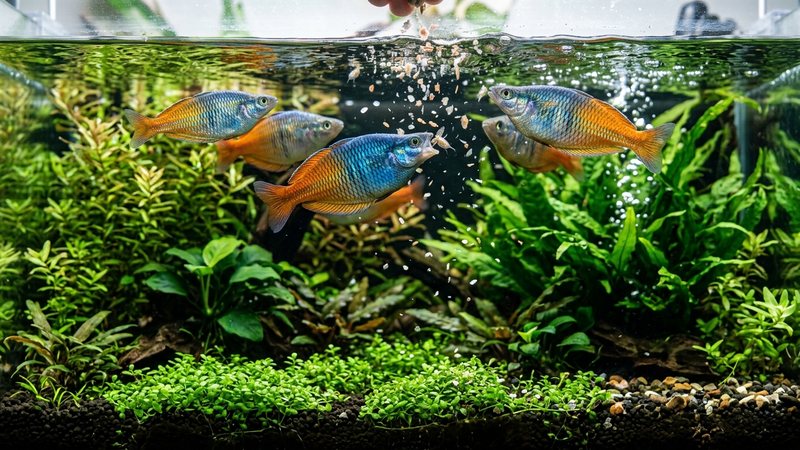 peces arcoíris comiendo escamas y pequeñas presas que caen sobre la superficie del agua de un acuario plantado, colores metálicos brillantes