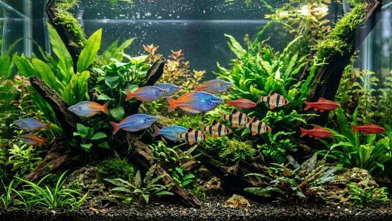 un acuario comunitario dinámico con peces arcoíris metálicos y barbos asiáticos coloridos nadando juntos entre plantas