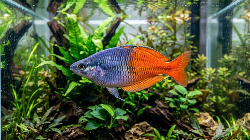 un pez arcoíris boesemani adulto con medio cuerpo azul y medio naranja encendido nadando en un acuario plantado