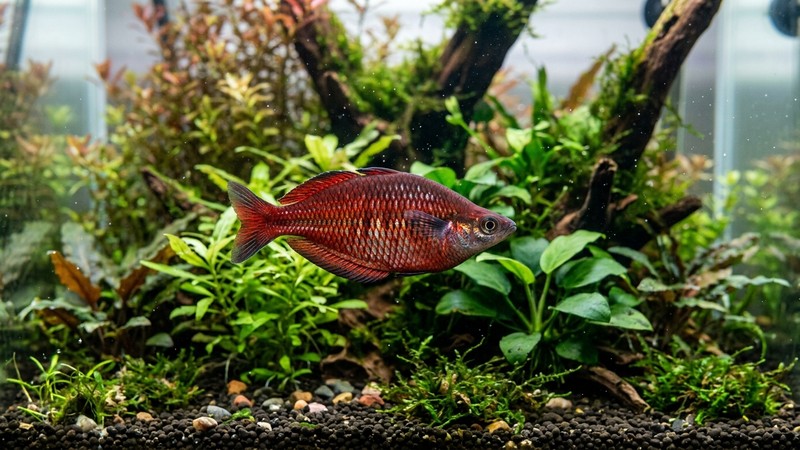 un pez arcoíris rojo de reflejos metálicos con la espalda arqueada, tipo salmón en miniatura, en un acuario plantado y luminoso