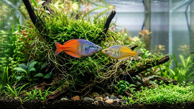 peces arcoíris cortejando entre un pegote de musgo verde y raíces finas en un acuario plantado de agua cristalina