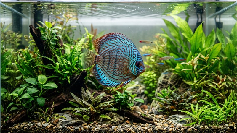 un pez vigoroso de escamas relucientes y piel intacta nadando en un acuario limpio con plantas verdes y agua clara