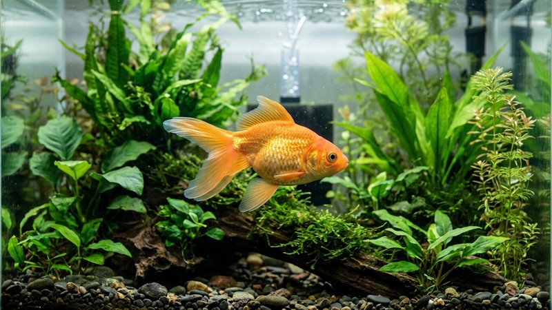 un pez de colores alerta y activo nadando entre plantas verdes en un acuario limpio y cristalino