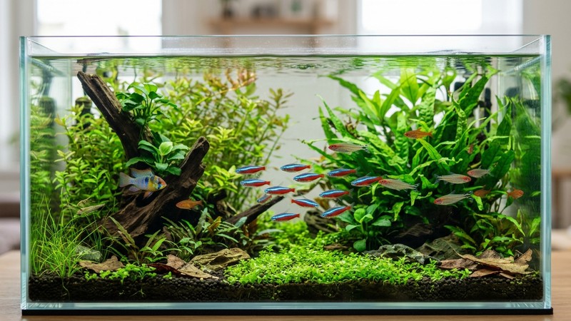 un acuario plantado limpio con varios peces sanos nadando entre hojas verdes y agua muy clara