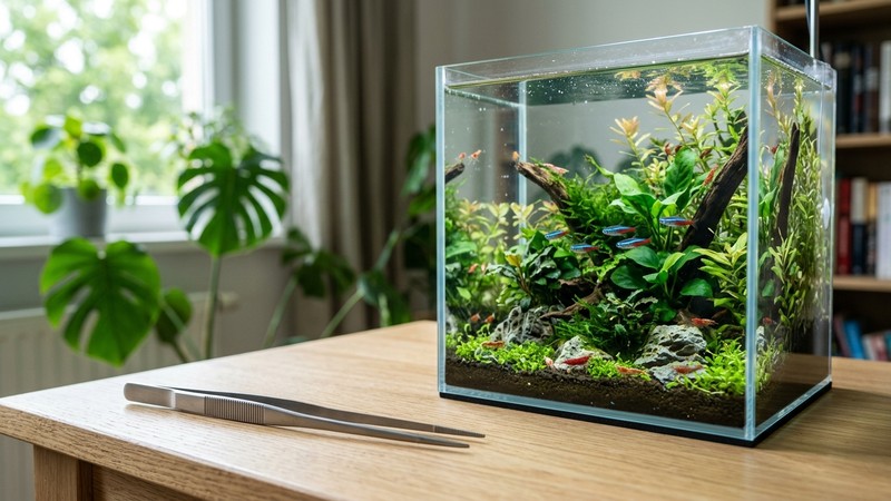 unas pinzas metálicas limpias en reposo sobre una mesa clara junto a un pequeño acuario cristalino