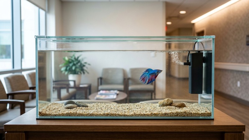 un acuario hospital vacío y limpio con un solo pez sano en agua muy clara y filtro al fondo