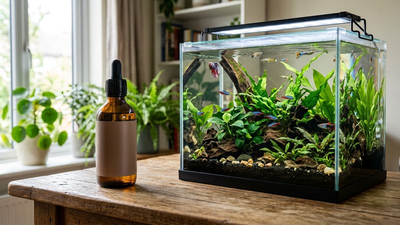 un frasco de tratamiento líquido cerrado en reposo sobre una mesa junto a un acuario limpio y cristalino