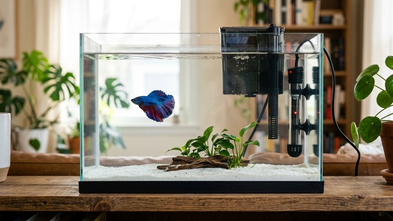 un pequeño acuario de cuarentena limpio con filtro y calentador y un solo pez sano en agua clara