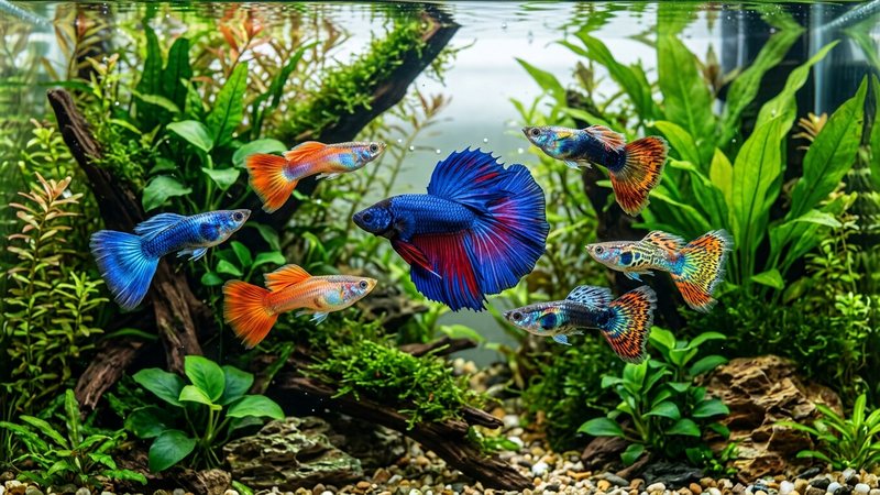 varios guppys y un betta de colores intensos y vivos nadando en un acuario plantado y limpio, escamas brillantes y saludables, agua cristalina
