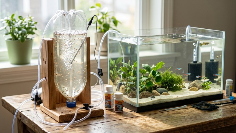 una eclosionadora casera hecha con una botella de plástico transparente invertida boca abajo, apoyada en un soporte junto a un acuario limpio y cristalino, montaje ordenado sobre una mesa