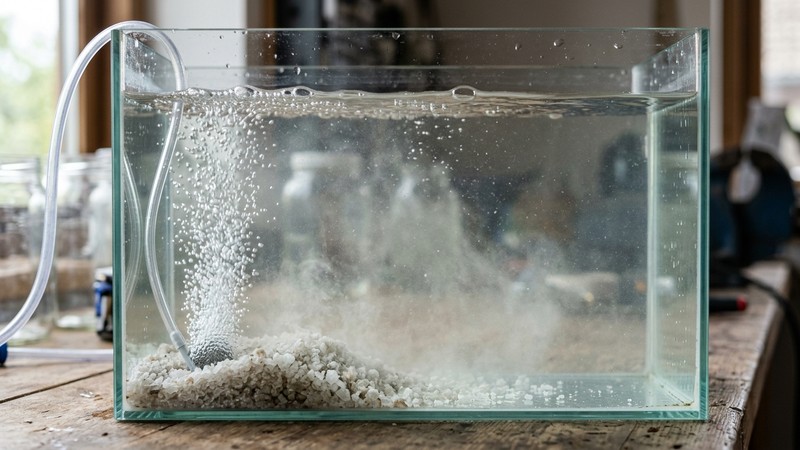 un recipiente transparente lleno de salmuera con cristales de sal marina disolviéndose y una manguera de aireador soltando finas burbujas, agua ligeramente turbia que se aclara