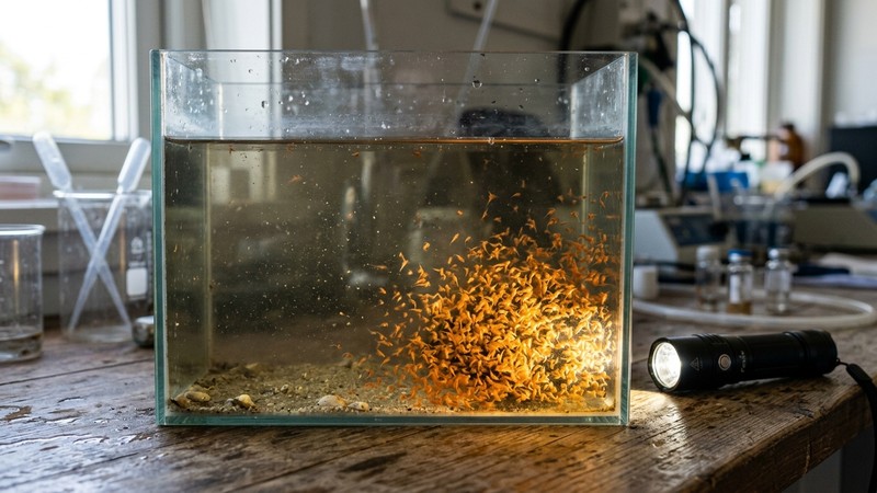 un recipiente transparente con agua salada junto a una linterna encendida que apunta a un punto bajo del vaso, concentrando una densa mancha naranja de nauplios de artemia atraídos por la luz