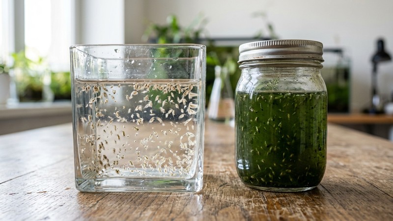 dafnias, diminutas pulgas de agua, nadando en un recipiente de agua clara junto a un frasco tapado con un cultivo de alimento vivo, todo ordenado sobre una mesa