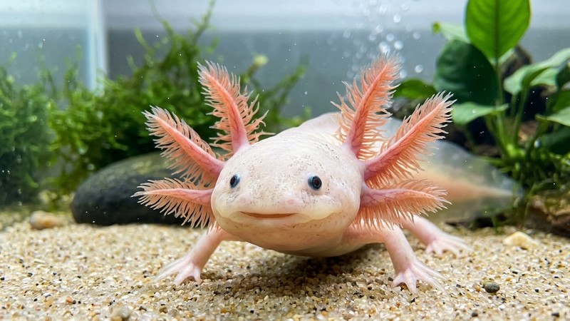 un primer plano de un ajolote sano y sonriente con su penacho de branquias externas bien desplegado, curioso, en un acuario limpio de agua fría con fondo de arena fina