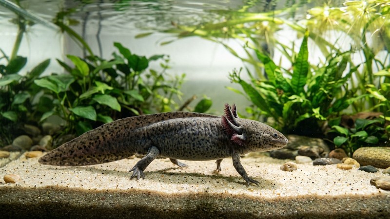 un ajolote de color natural caminando tranquilo sobre el fondo de arena fina de un acuario cristalino con plantas verdes