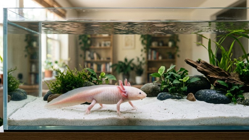 un acuario amplio, más ancho y largo que alto, con un ajolote paseando por un fondo de arena clara y agua transparente