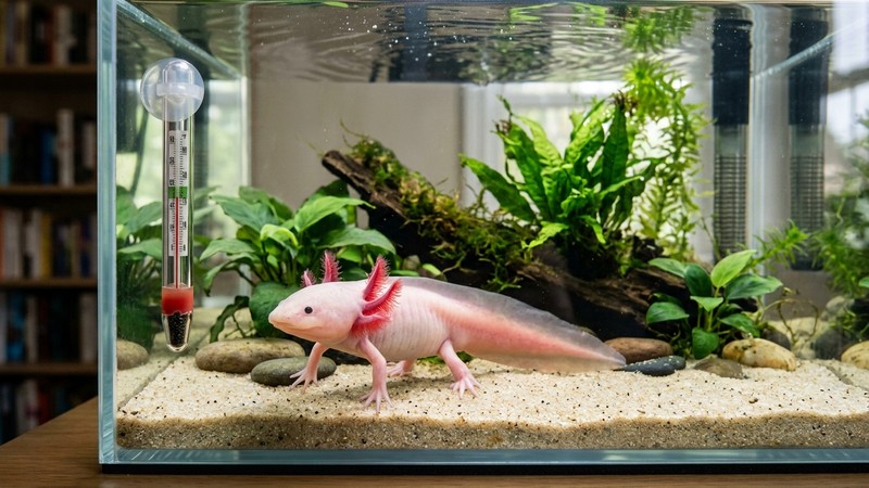 un ajolote sano en un acuario de agua fría y cristalina, sin calentador, con un termómetro marcando temperatura fresca junto al cristal