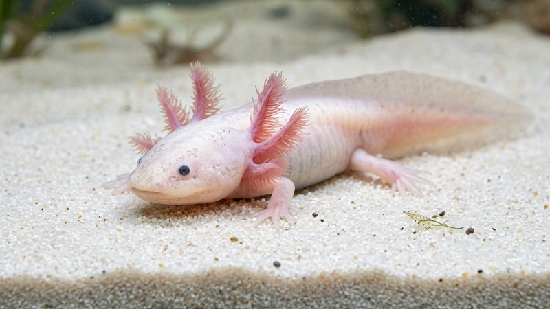 un primer plano del fondo de un acuario de ajolote cubierto de arena de sílice muy fina, con el animal apoyado suavemente encima
