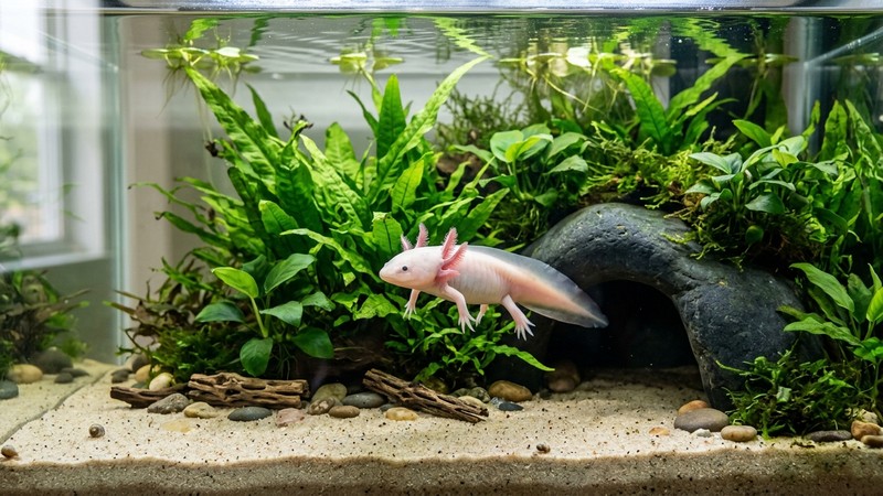 un acuario de ajolote con plantas naturales de hoja verde y una cueva sin bordes cortantes, agua limpia y fondo de arena